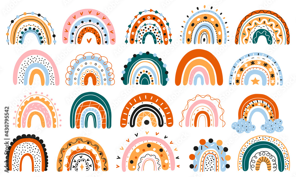 A large set of Scandinavian rainbows with ornaments. Colorful modern set with abstract rainbow icons. Hand-drawn children's boho decorations. For design, posters. Flat style. Vector. Isolated objects.