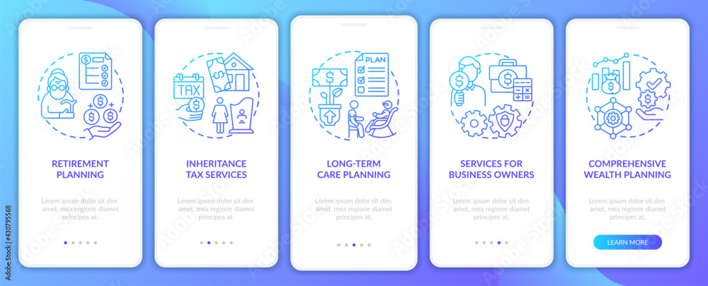 Wealth control services onboarding mobile app page screen with concepts. Long-term care planning walkthrough 5 steps graphic instructions. UI, UX, GUI vector template with linear color illustrations