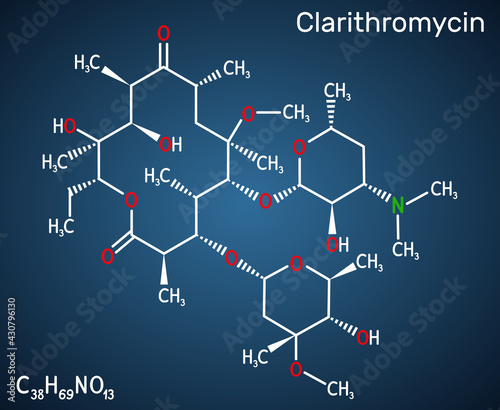 Clarithromycin molecule. It is antibacterial drug, semisynthetic macrolide antibiotic derived from erythromycin. Structural chemical formula on the dark blue background