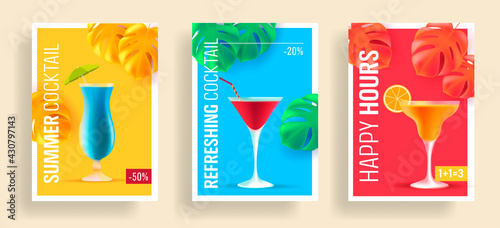 Summer sale posters with promo deals for alcohol cocktails, realistic 3d illustrations, different shape glasses with umbrella and tropical leaves, happy hour promo for bar