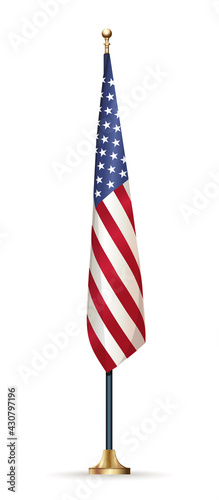 USA flag on stand isolated on white. Flag of the United States of America on a flagpole. American flag. Vector illustration