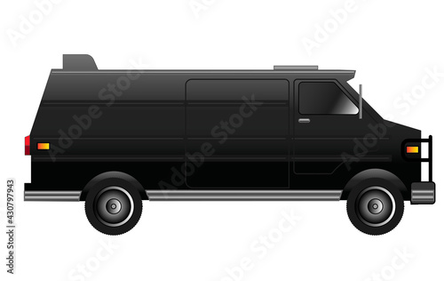 deteiled flat style vector illustration of a 1980's classic black van, side view with copy space
