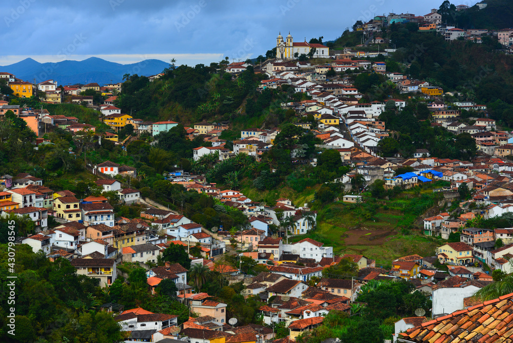 A view of an outlying district of hilly, steep and historic Ouro Preto town, Minas Gerais state, Brazil	
