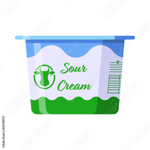 Plastic Cup with Sour Cream Isolated Icon on White Background. Flat style dairy product icon for template, symbol, logo, stickers, prints. Sour cream bowl in white, blue and green colors. 