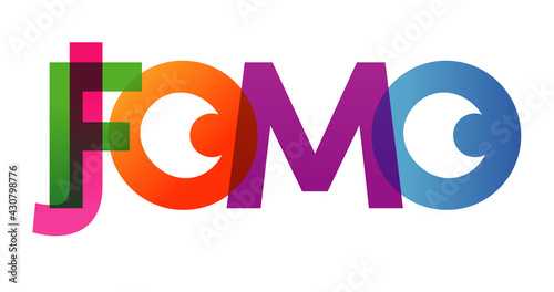 JOMO FOMO word vector illustration. Joy Fear Of Missing Out. Colored rainbow text. Vector banner. Corporate concept. Gradient Text. Transparency Letters. Vector illustration