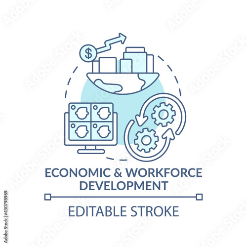 Economic and workforce development turquoise concept icon. Technology improvement. Digital inclusion idea thin line illustration. Vector isolated outline RGB color drawing. Editable stroke