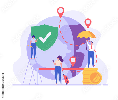 Travel Insurance Vector illustration. People traveling with insurance. Tourist with luggage in airport. Concept of insurance and health protection for travelers, safe vacation and traveling