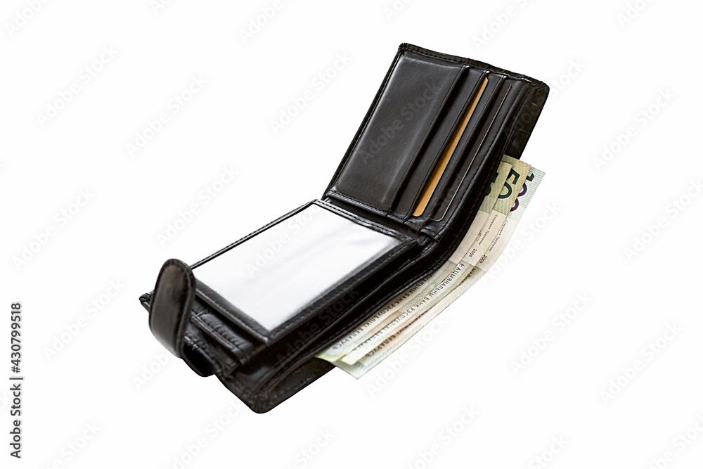 Black male wallet open with money isolated on white background Black male wallet open with money isolated on white background