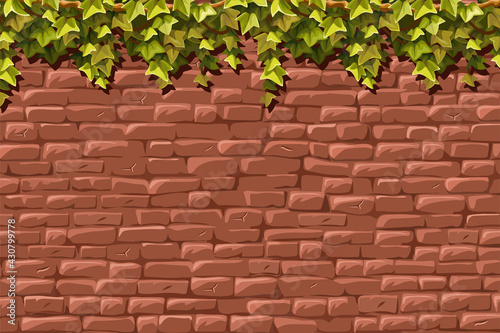 Wall, branches liana, ivy. Brickwork and plants jungle. Old shabby house facade red clinker. Vector isolated illustration.