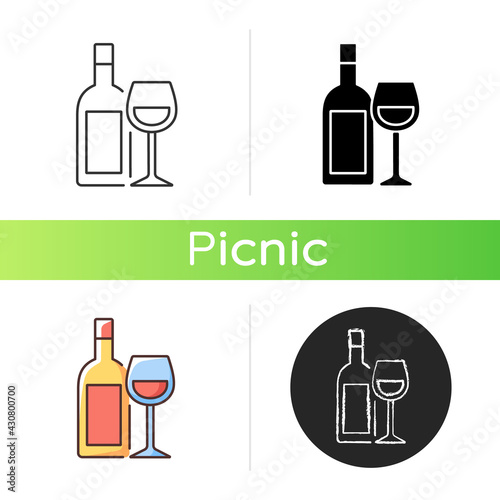 Wine icon. Alcoholic drink. Wine bottle and glass. Serving beverage for barbecue. Fermented grape juice. Drinking in public places. Linear black and RGB color styles. Isolated vector illustrations