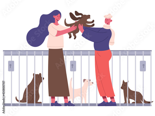 Pet adoption. People adopting dog from pet shelter, happy new owners hugging puppy. Animal adoption isolated vector illustration