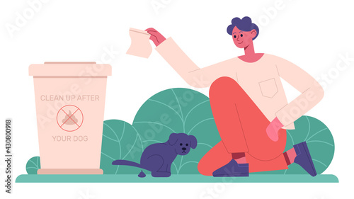 Cleaning after dog. Pet owner cleaning up after dog, domestic animal keeping. Responsible animal owner isolated vector illustration