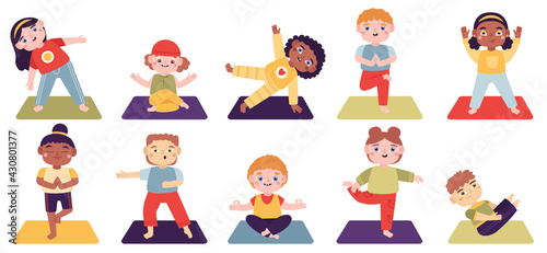 Yoga kids. Children do yoga exercises, boys and girls healthy lifestyle isolated vector illustration set. Little children in different yoga asanas