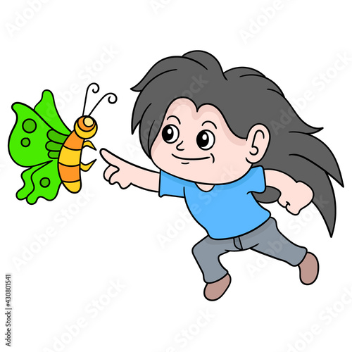 a boy with long hair tries to touch a butterfly, doodle icon image kawaii