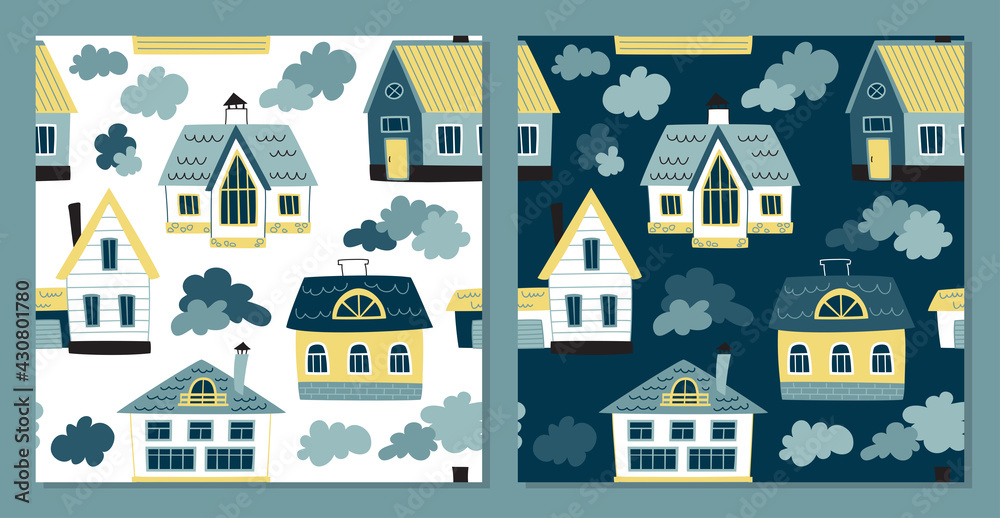 Village, summer house - vector  set seamless patterns. Loop pattern for fabric, textile, posters, gift wrapping paper, napkins, tablecloths. Print for kids, children