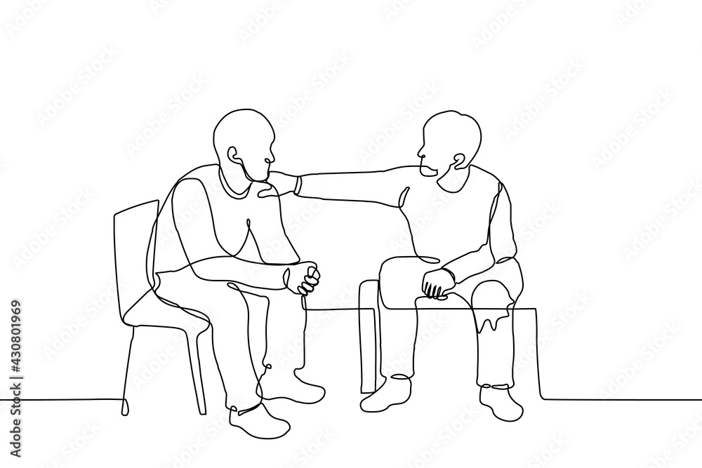 man supports a friend, a guy put his hand on a friend's shoulder - one line drawing. two men sit side by side, one of whom addresses or psychologically (morally) supports the other - obrazy, fototapety, plakaty 
