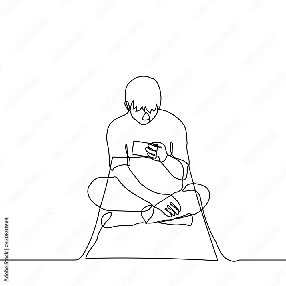 man procrastinates with a phone while sitting on a fitness mat - one line vector drawing. The guy is sitting in Turkish stuck in the phone, he is lazy to train