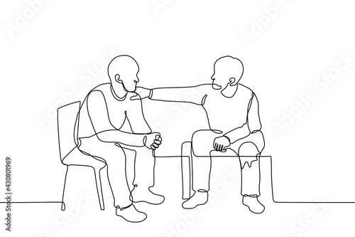 man supports a friend, a guy put his hand on a friend's shoulder - one line drawing. two men sit side by side, one of whom addresses or psychologically (morally) supports the other photo