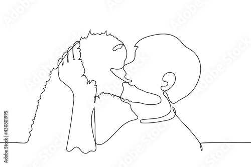 man petting a cat - one line vector drawing. the concept of a cat lover squeezing his pet, a man showing love for an animal