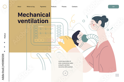Mechanical ventilation - medical insurance illustration. Modern flat vector