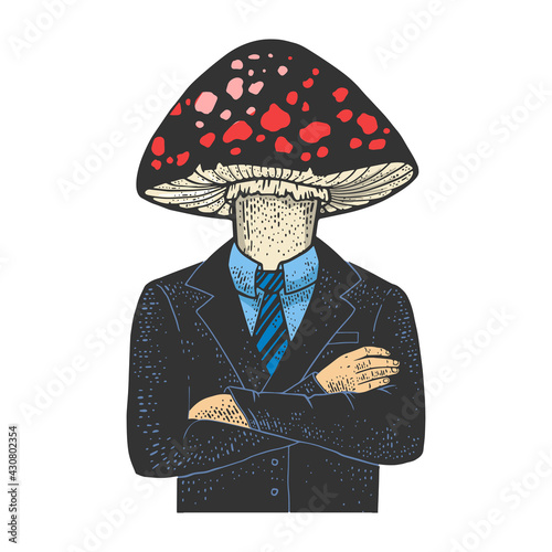 Amanita fly agaric toxic mushroom head businessman color sketch engraving vector illustration. T-shirt apparel print design. Scratch board imitation. Black and white hand drawn image.