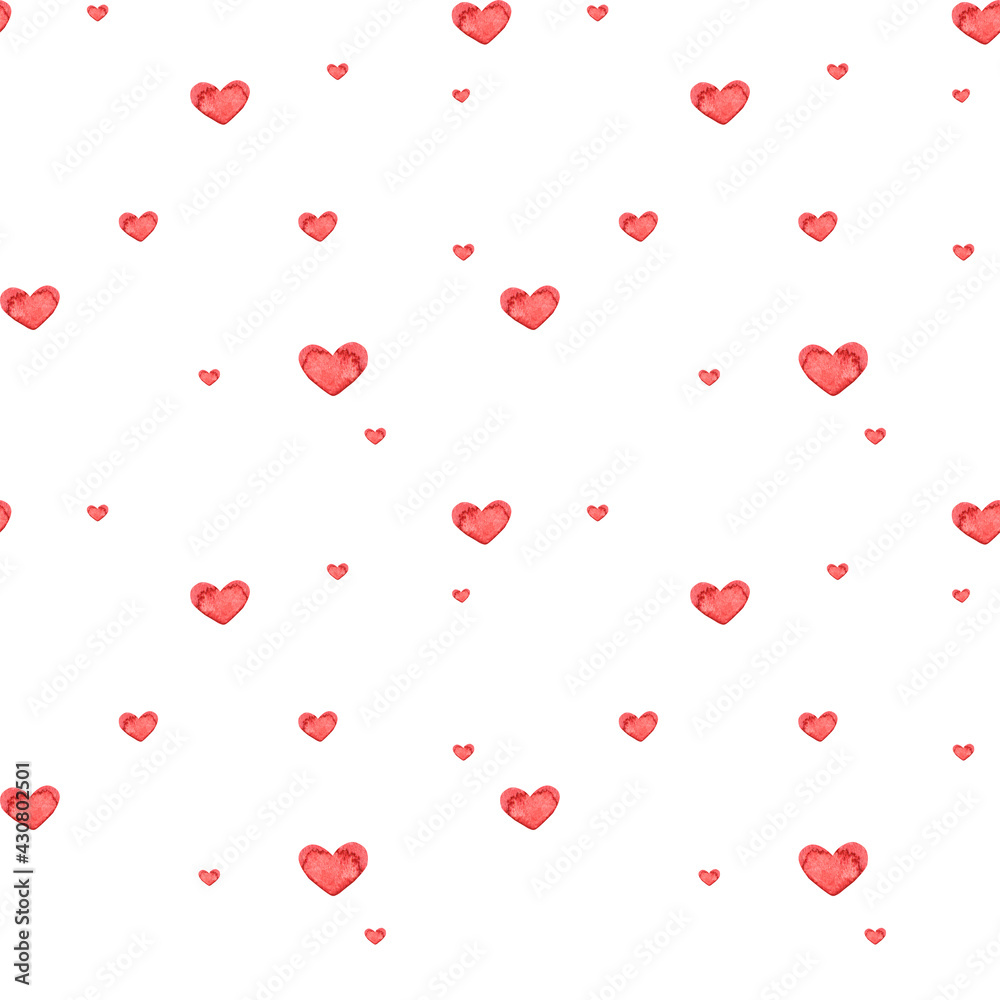 Romantic watercolor seamless pattern. Colorful hearts background. Background with red love. Perfect for textile, fabric, wrapping paper, linens, wallpaper.