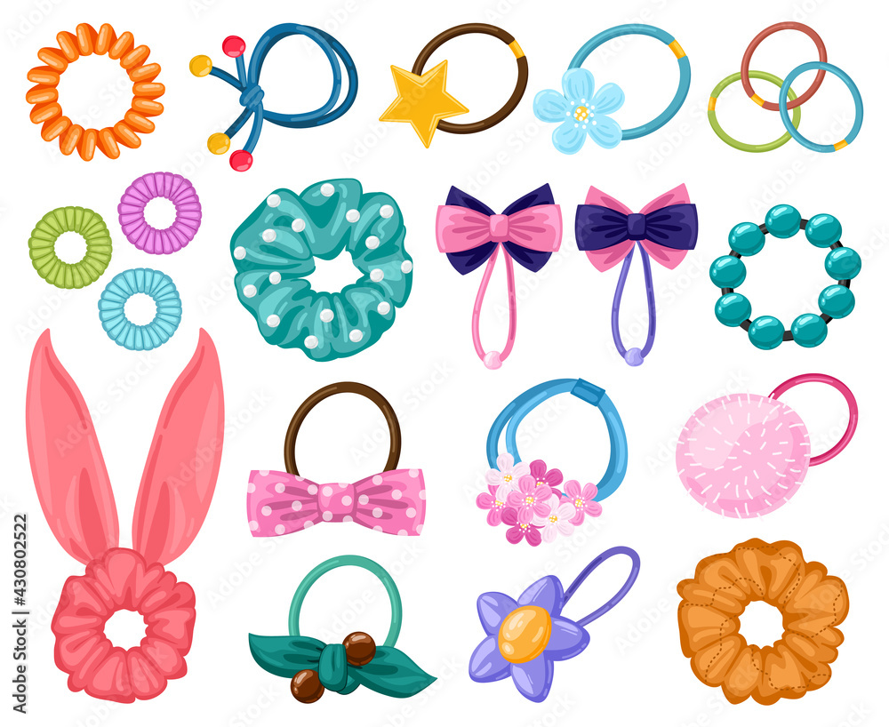 Hair rubber bands. Cartoon scrunchies, girlish beauty fashion hair accessories, elastic ponytails bands. Women hairdressing tools vector illustration set Stock Vector | Adobe Stock Hair rubber bands. Cartoon scrunchies, girlish beauty fashion hair accessories, elastic ponytails bands. Women hairdressing tools vector illustration set Stock Vector | Adobe Stock