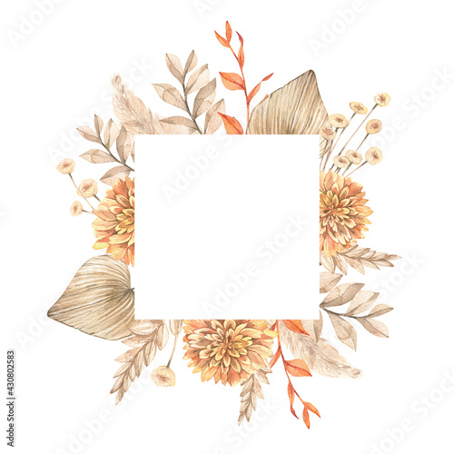 Watercolor floral frame with dry leaves, flowers and leaves. Dry tropical square card. Beige, Ivory, Orange - modern colors. Perfect for wedding invitations, packing, postcards, greetings cards