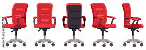 Cartoon office chair. Computer chair in different angles, ergonomic office furniture element isolated vector illustration. Modern interior chair