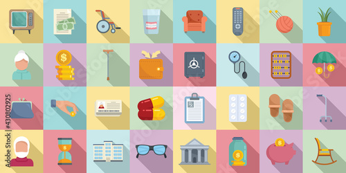 Retirement icons set, flat style
