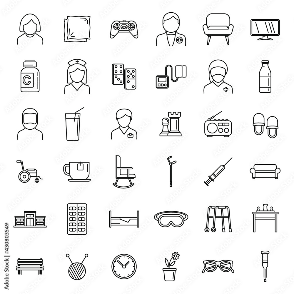 Fototapeta premium Aged nursing home icons set, outline style