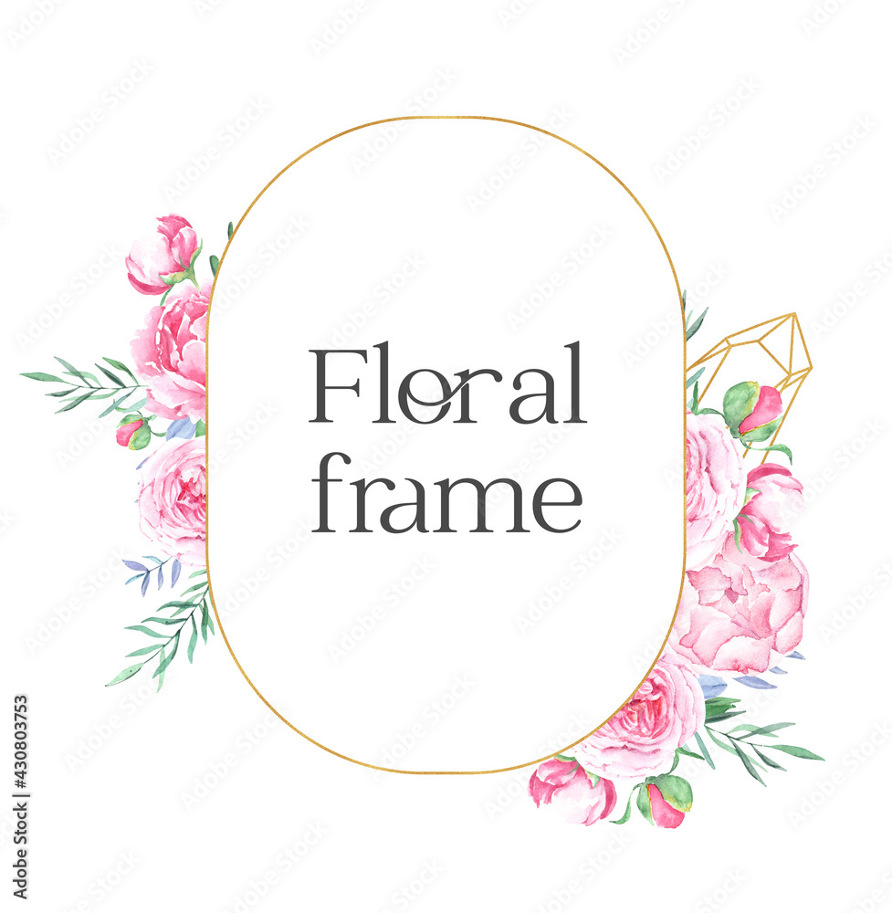 Obraz premium Hand drawn watercolor golden frame with pink peonies and crystals