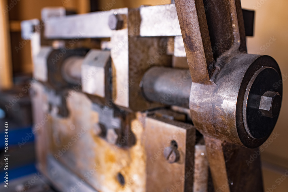 Guillotine machine close-up rusty metal massive parts Guillotine machine close-up rusty metal massive parts
