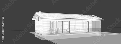 3d illustration perspective of a small house. Rectangular shaped building with pitched roof and skylights.  Image in transparent mode on dark grey background.  photo
