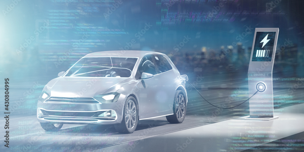 Power supply connect to electric vehicle to charge the battery - 3d rendering Power supply connect to electric vehicle to charge the battery - 3d rendering