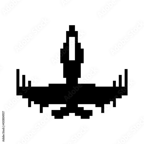 Vintage spaceship pixel art design. 8 bit pixel art. 80th style. Vector video game illustration for your design. Black spaceship icon isolated on white background.