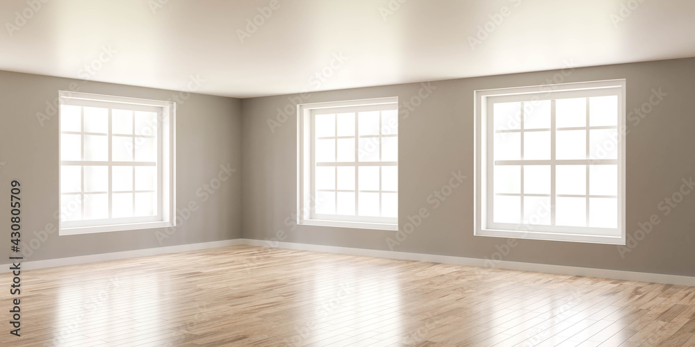 Obraz premium empty grey blue walls vintage design room with classic windows and bright day lighting 3d render illustration