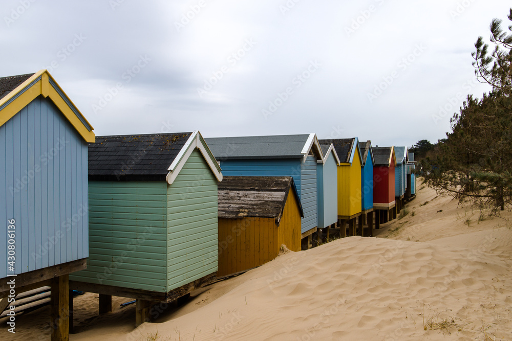 Naklejka premium Rear view of beach huts at Wells-Next-Sea in Norfolk