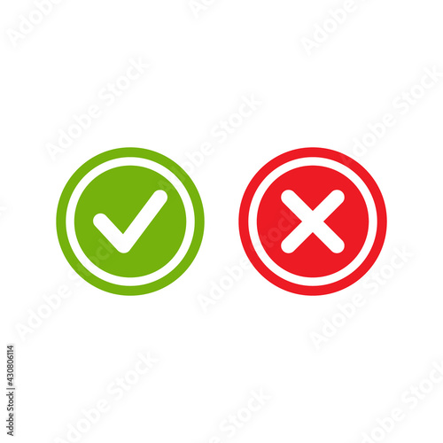 Set of check mark icons. green rounded tick in circle and red cross in circle.