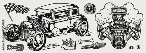 Retro custom car and parts composition