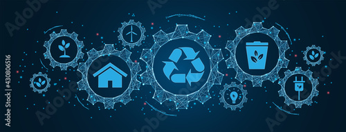 sustainability icon concept environment, green energy, recycling, conservation of resources ​in Cogs and gear wheel mechanisms concept. wireframe low polygonal blue mesh with dots, lines, and shapes.