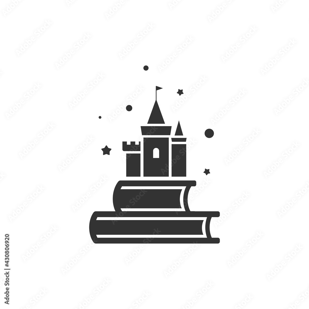Book stack with castle and stars or fireworks. Flat icon isolated on white background.