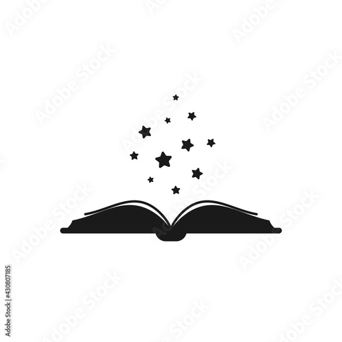 Open book with thick book cover and black soft stars flying out.