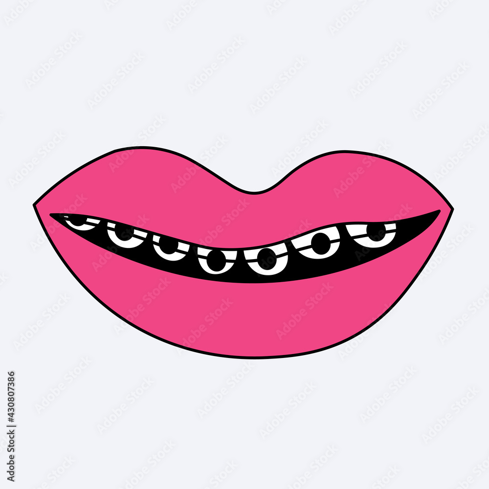vector sticker lips teeth and tongue. Punk mouth with braces.Funky and groove feminine lips in 60s and 70s style. Bizarre is a quirky mouth.A cheeky hippie face. Screaming at the festival.Tattoo vector sticker lips teeth and tongue. Punk mouth with braces.Funky and groove feminine lips in 60s and 70s style. Bizarre is a quirky mouth.A cheeky hippie face. Screaming at the festival.Tattoo