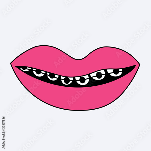 vector sticker lips teeth and tongue. Punk mouth with braces.Funky and groove feminine lips in 60s and 70s style. Bizarre is a quirky mouth.A cheeky hippie face. Screaming at the festival.Tattoo 
