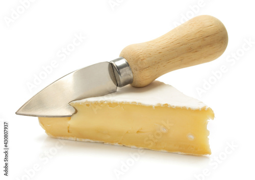 cheese and knife on white background