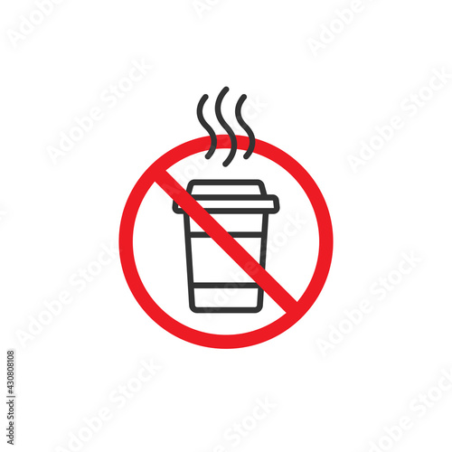 take-out coffee cup in red crossed circle. no drinks seal or stamp. no coffee, caffeine icon.
