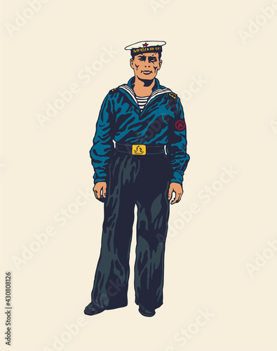Soviet military sailor in the form of the USSR Navy. Drawing Style. Vector illustration.