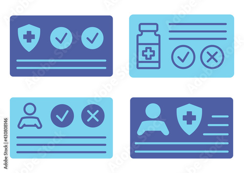 Vaccination certificate against Covid-19 with check mark, vial, shield and medical cross. Passport for travel in time pandemic. Medical record in blue color. Health card