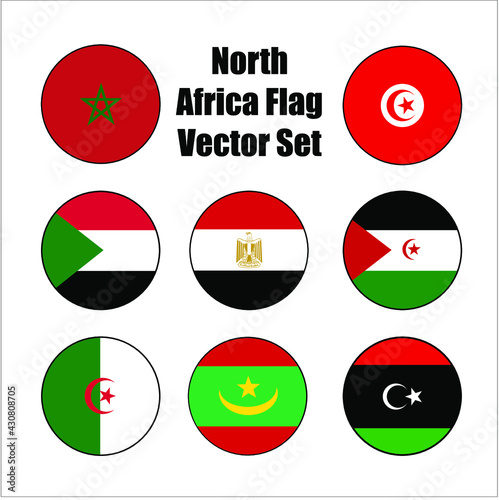 North Africa flag circle vector icon set authentic colors of Morocco, Tunisia, Algeria, Libya, Egypt, Western Sahara, Sudan, and Mauritania.